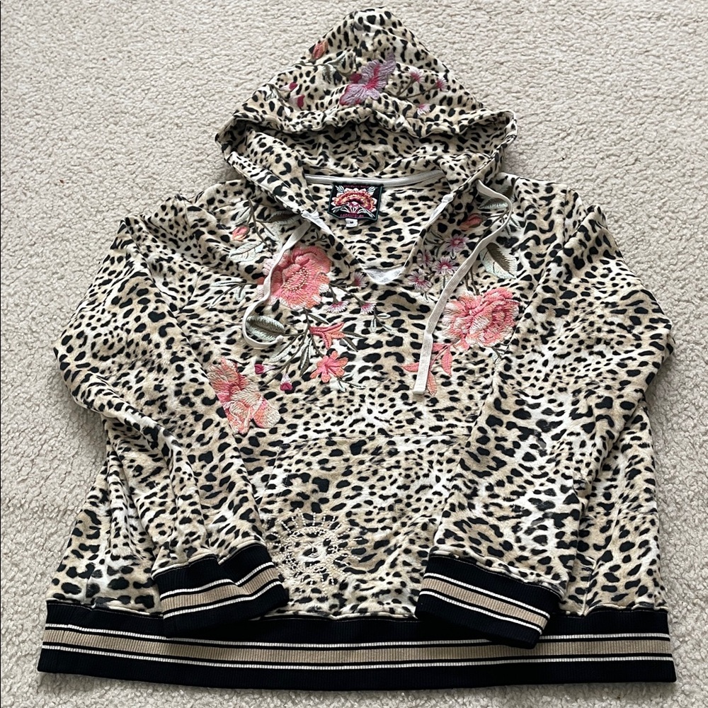 Johnny Was Leopard Print Floral Embroidered Hoodie 
Size Medium